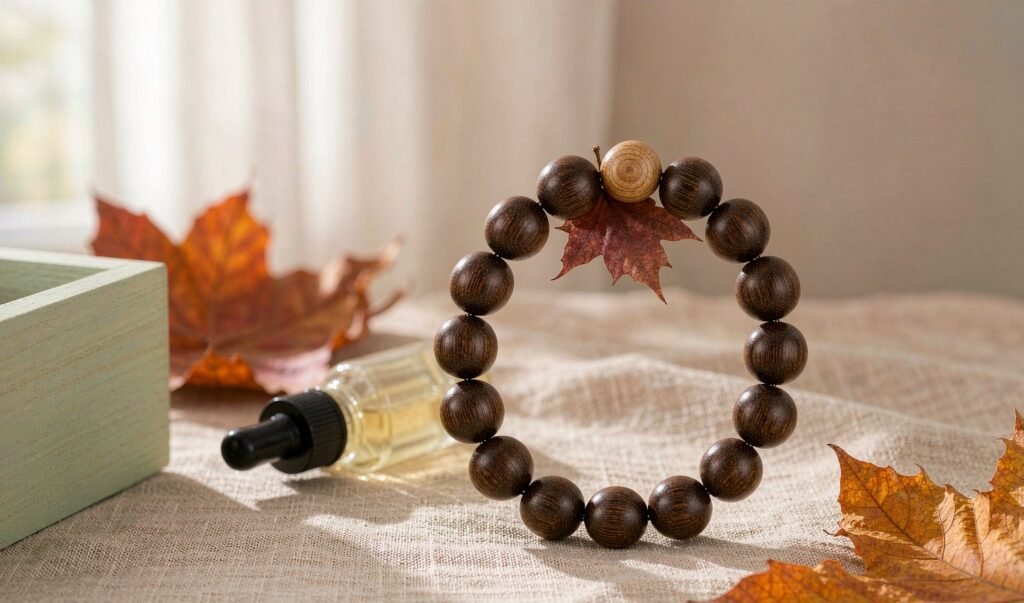 A sandalwood wooden bead bracelet on beige linen with dry autumn maple leaves and a small bottle of wood conditioning oil