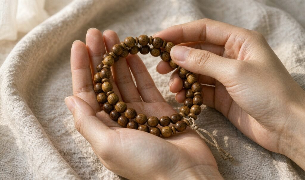 Hands turning a wooden sandalwood bead bracelet over a linen cloth