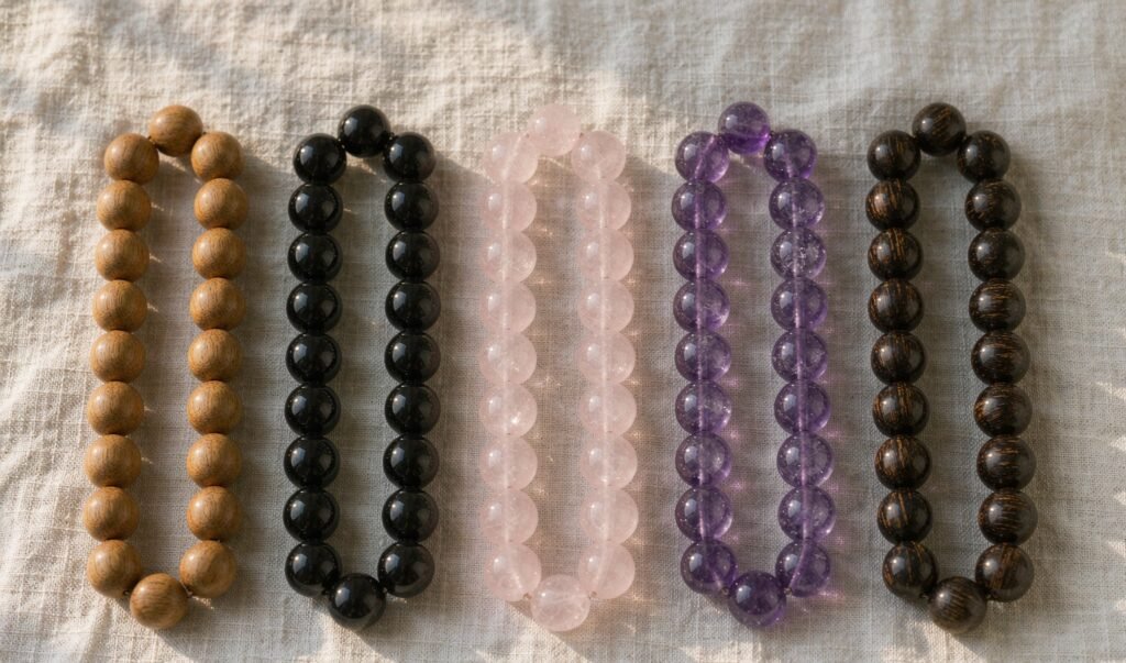 Flat-lay of natural bead materials: sandalwood, obsidian, rose quartz and amethyst
